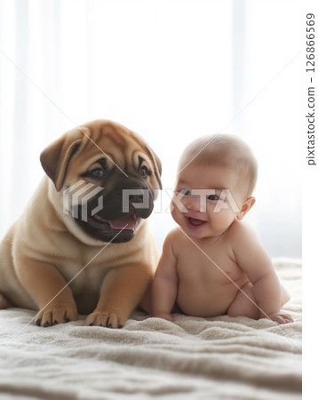 Pug and baby smile in adorable, happy, cute companionship showing joy and friendship Pug and baby smile in adorable, happy, cute companionship showing joy and friendship 126866569