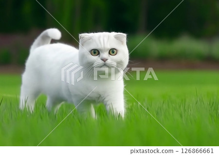 Adorable Scottish Fold cat with striking eyes on green grass in a beautiful outdoor garden Adorable Scottish Fold cat with striking eyes on green grass in a beautiful outdoor garden 126866661