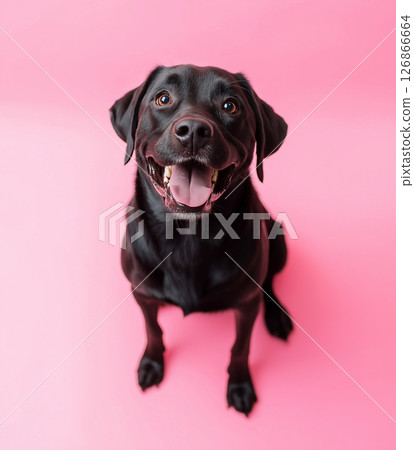 Labrador smiling happy black dog on pink background, friendly and cute pet portrait photography 126866664