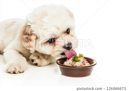 Shih Tzu puppy enjoying ice cream - cute fluffy pet licking cream from a bowl Shih Tzu puppy enjoying ice cream - cute fluffy pet licking cream from a bowl 126866673