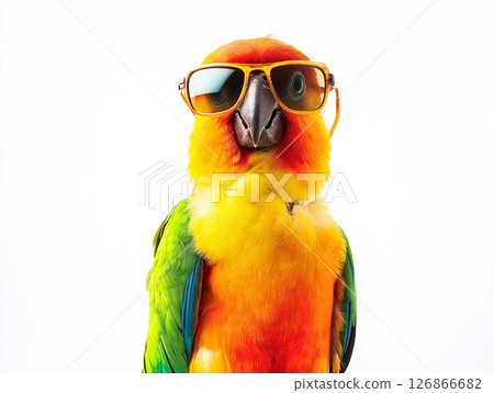 Parrot with sunglasses: colorful bird, tropical feathers, vibrant and bright avian portrait Parrot with sunglasses: colorful bird, tropical feathers, vibrant and bright avian portrait 126866682