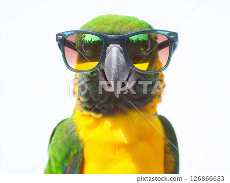 Parrot with glasses, green and yellow bird in tropical closeup with vibrant feathers Parrot with glasses, green and yellow bird in tropical closeup with vibrant feathers 126866683