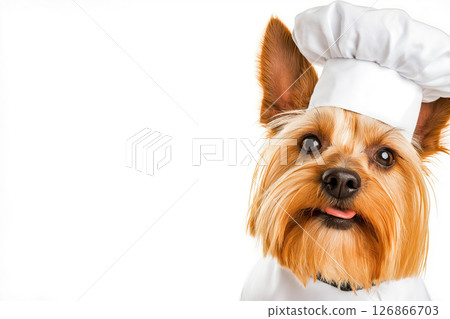 Yorkshire Terrier dog in a chef hat looking cute with brown fur and a playful tongue Yorkshire Terrier dog in a chef hat looking cute with brown fur and a playful tongue 126866703