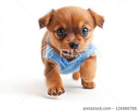 Adorable Chihuahua puppy in blue outfit - cute, small, playful, and brown pet dog animal image 126866706