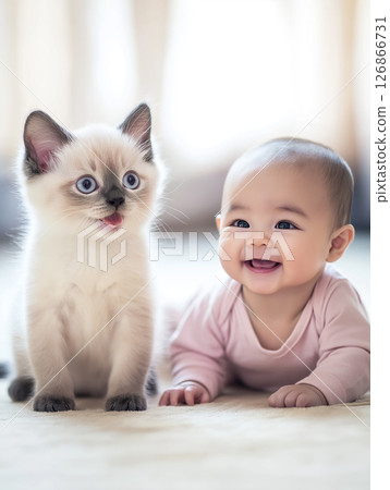 Siamese kitten and smiling baby showcasing adorable playful friendship and cute expression Siamese kitten and smiling baby showcasing adorable playful friendship and cute expression 126866731