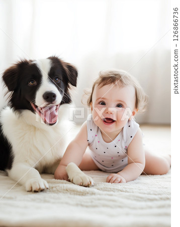 Border collie and baby have a happy smile, cute toddler plays with puppy in friendship 126866736