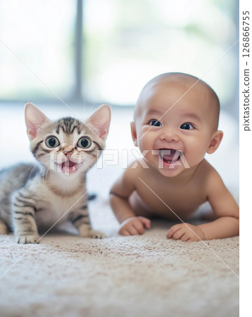 Adorable kitten and baby smile together in playful and cute joy, an adorable striped companion. 126866755
