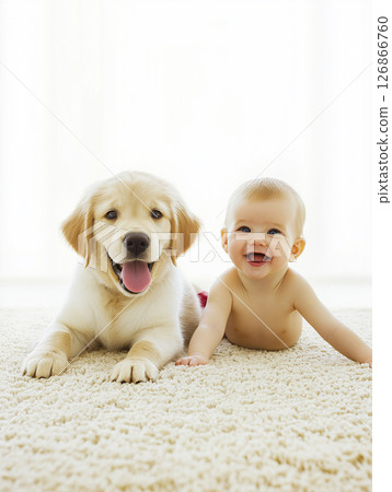 Adorable Labrador Retrievers and Baby Smiling on Carpet, Capturing Joy and Companionship 126866760