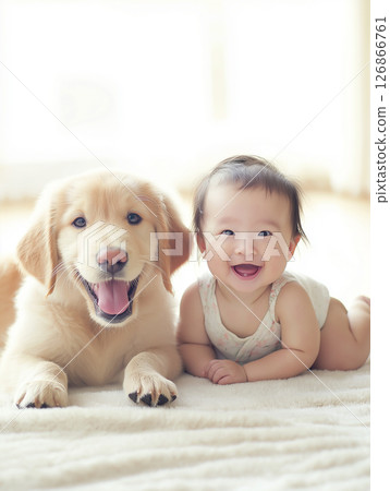 Golden Retriever puppy and baby enjoying happiness with a cute smile and family friendship 126866761