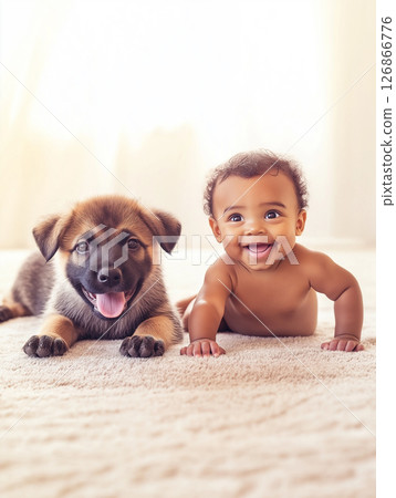Adorable German Shepherd puppy and baby with cute smiles and playful eyes 126866776