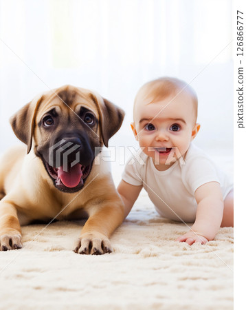 Pug and baby on the carpet showcasing happy smiles, cute gesture, and joyful bond 126866777