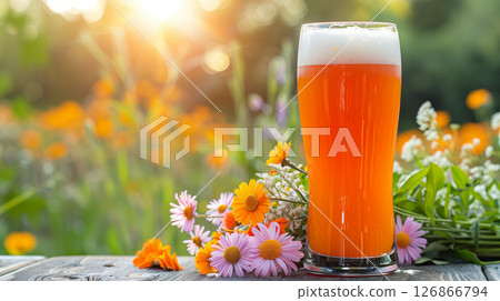 Glass of beer or orange drink surrounded by delicate flowers on wooden table against blurred summer landscape Glass of beer or orange drink surrounded by delicate flowers on wooden table against blurred summer landscape 126866794