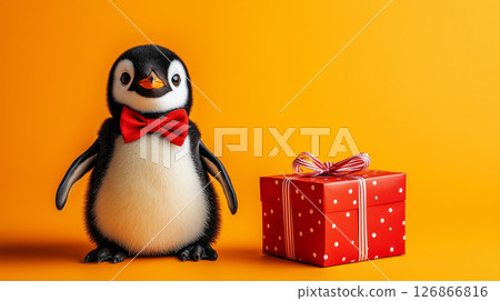 Cute penguin chick with red bow tie and polka dot gift on bright orange background. Bright festive design, birthday card, banner Cute penguin chick with red bow tie and polka dot gift on bright orange background. Bright festive design, birthday card, banner 126866816