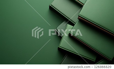 Elegant green leather books on minimalist green background with empty space. Business and education banner Elegant green leather books on minimalist green background with empty space. Business and education banner 126866820