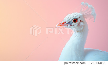 Elegant white peacock portrait on pastel gradient background with copy space 126866838