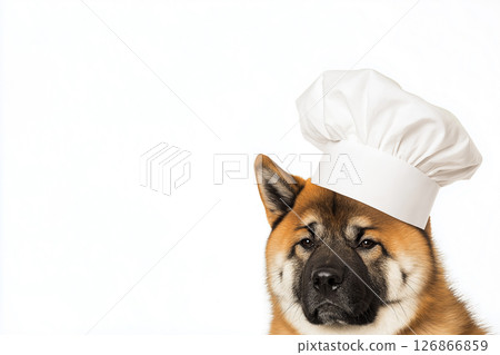 Akita dog portrait with chef hat, cute culinary animal as a funny pet model for stock photos Akita dog portrait with chef hat, cute culinary animal as a funny pet model for stock photos 126866859