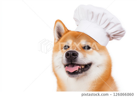 ShibaInu Akita dog wearing chef hat, cute pet smile and happy expression, adorable puppy look 126866860