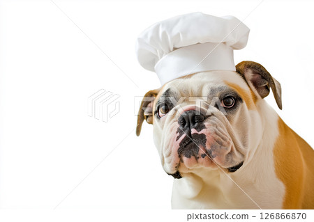 Bulldog dog wearing a chef hat, funny domestic pet portrait in a cute and playful studio setting Bulldog dog wearing a chef hat, funny domestic pet portrait in a cute and playful studio setting 126866870