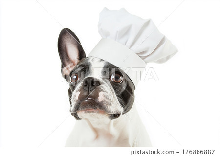 French Bulldog wearing a chef hat, cute pet portrait in a cooking themed studio setting French Bulldog wearing a chef hat, cute pet portrait in a cooking themed studio setting 126866887