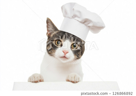 Cute tabby cat chef with a hat, whiskers, and playful expression portrait in kitchen 126866892