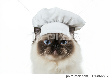 Himalayan cat chef cooking with hat in fluffy blue portrait, a cute pet feline photo Himalayan cat chef cooking with hat in fluffy blue portrait, a cute pet feline photo 126866897