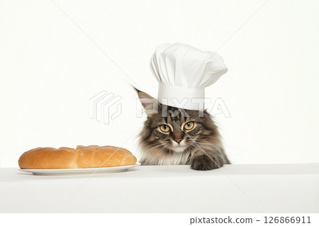 Maine Coon cat with chef hat and bread on table showcasing fur and whiskers in culinary setting 126866911