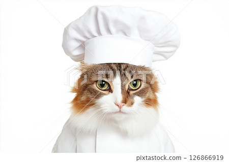 Norwegian Forest Cat in chef hat and costume, cute furry chef portrait with white whiskers and eyes Norwegian Forest Cat in chef hat and costume, cute furry chef portrait with white whiskers and eyes 126866919