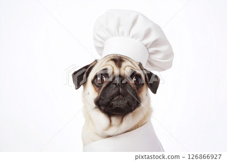 Cute Pug Chef Portrait with Hat - Adorable Dog Animal in Funny Cooking Attire Cute Pug Chef Portrait with Hat - Adorable Dog Animal in Funny Cooking Attire 126866927