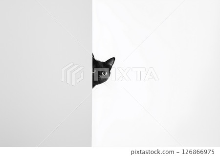 Curious black cat peeking from behind a wall with eyes, ears, and whiskers in a minimal background 126866975