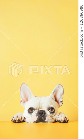 Bulldog dog with cute muzzle and ears on a yellow background, adorable and playful pet portrait Bulldog dog with cute muzzle and ears on a yellow background, adorable and playful pet portrait 126866980