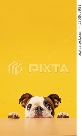 Bulldog Puppy Dog: Cute Animal Portrait on Yellow Background with Adorable and Playful Expression 126866981
