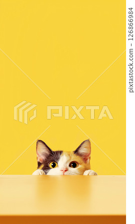 Cat peeking with cute playful yellow eyes; a calico pet with ears and adorable feline features Cat peeking with cute playful yellow eyes; a calico pet with ears and adorable feline features 126866984