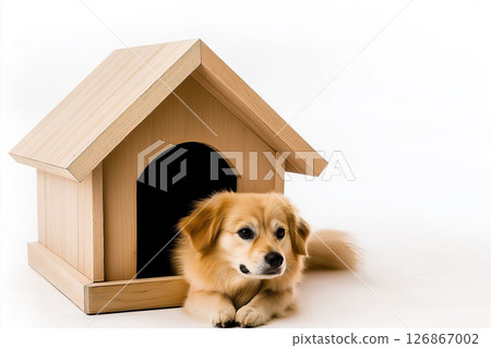 Adorable puppy dog relaxing in a wooden house, perfect pet stock photo search Adorable puppy dog relaxing in a wooden house, perfect pet stock photo search 126867002