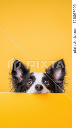 Border collie dog with alert ears on a cute yellow background, playful pet looking curious 126867003