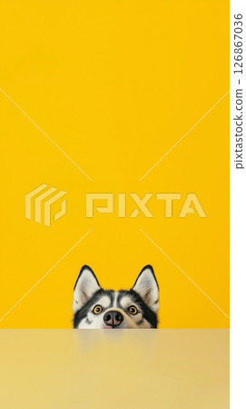 Cute husky dog portrait with a yellow background, adorable pet photo with playful expression Cute husky dog portrait with a yellow background, adorable pet photo with playful expression 126867036