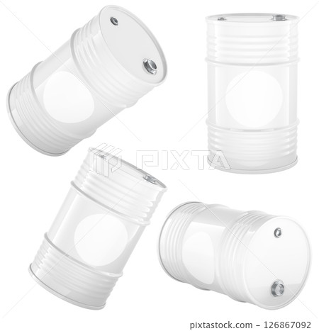 Blank white steel barrels in various angles, mockup or template. 3D Rendering 126867092
