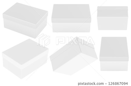 Blank rectangular boxes with lids isolated in various angles. Clean white packaging mockup for branding, storage, or product design. 3D rendering Blank rectangular boxes with lids isolated in various angles. Clean white packaging mockup for branding, storage, or product design. 3D rendering 126867094