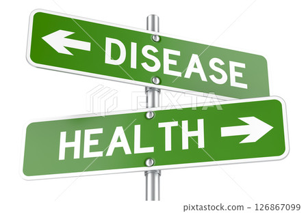 Health and disease directions, green road signs. 3D rendering Health and disease directions, green road signs. 3D rendering 126867099