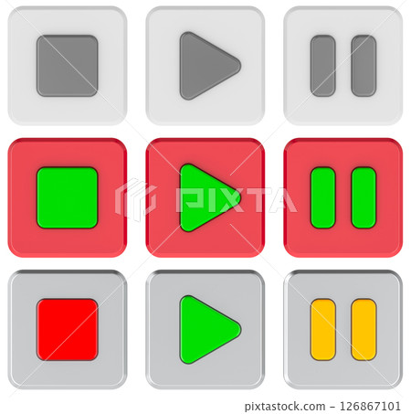 Media control buttons set in different colors. 3D rendering 126867101