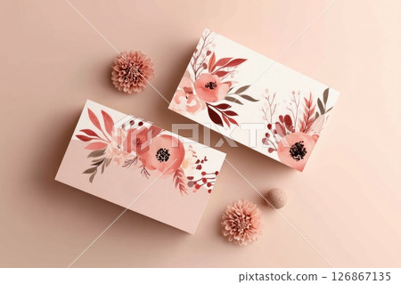 Beautifully designed gift boxes featuring floral patterns on a soft pink backdrop. 126867135