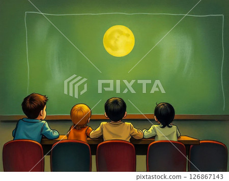 Children in class. Four students are sitting at a desk and looking at a board on which the sun is drawn. Children in class. Four students are sitting at a desk and looking at a board on which the sun is drawn. 126867143