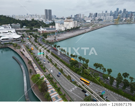 Aerial view of Singapore Port promenade and waterfront road 126867176