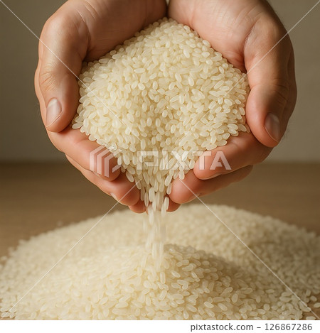 Close-up of rice spilling onto both hands 126867286
