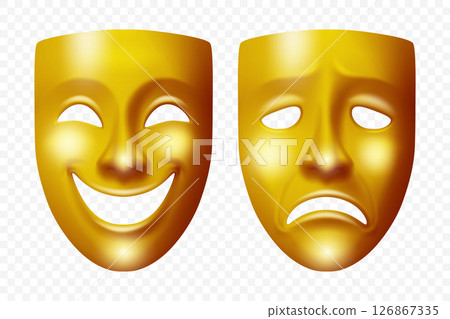 Vector 3d Theatre Masks Set. Realistic Sad and Happy Faces. Classic Comedy and Tragedy Theatre Mask Pair in Gold. Drama Symbol for Acting, Performance, Festival, Carnival, Stage Show, Masquerade Art Vector 3d Theatre Masks Set. Realistic Sad and Happy Faces. Classic Comedy and Tragedy Theatre Mask Pair in Gold. Drama Symbol for Acting, Performance, Festival, Carnival, Stage Show, Masquerade Art 126867335