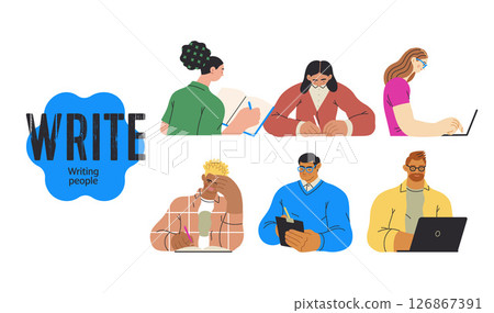 Writing people, modern flat vector concept illustrations set people writing on paper or device. Metaphor for reflection, insight, contemplation, creative expression 126867391