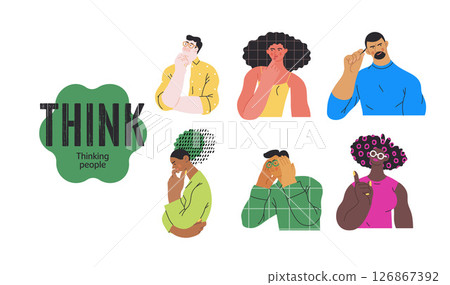 Thinking people, modern flat vector concept illustrations set- people standing thoughtfully. Metaphor for reflection, analysis, introspection, contemplation, deep thought 126867392
