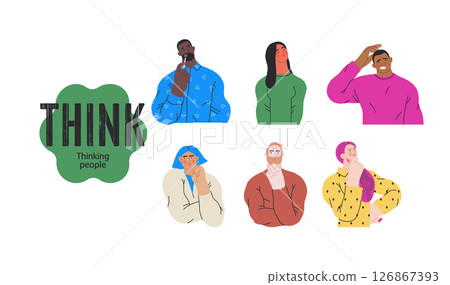 Thinking people, modern flat vector concept illustrations set- people standing thoughtfully. Metaphor for reflection, analysis, introspection, contemplation, deep thought 126867393