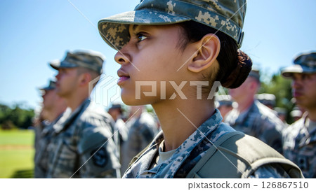 Female Soldier Stands Confidently in Formation During Military Training on a Clear Sunny Day Female Soldier Stands Confidently in Formation During Military Training on a Clear Sunny Day 126867510
