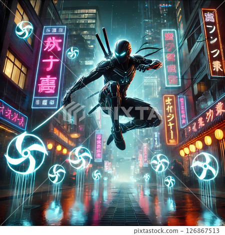 A dark Japanese-style wallpaper of a cyberpunk ninja running through the night in the near future. 126867513