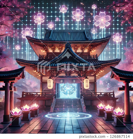 A fantasy wallpaper design of a cyberpunk Japanese-style temple that combines light and silence 126867514